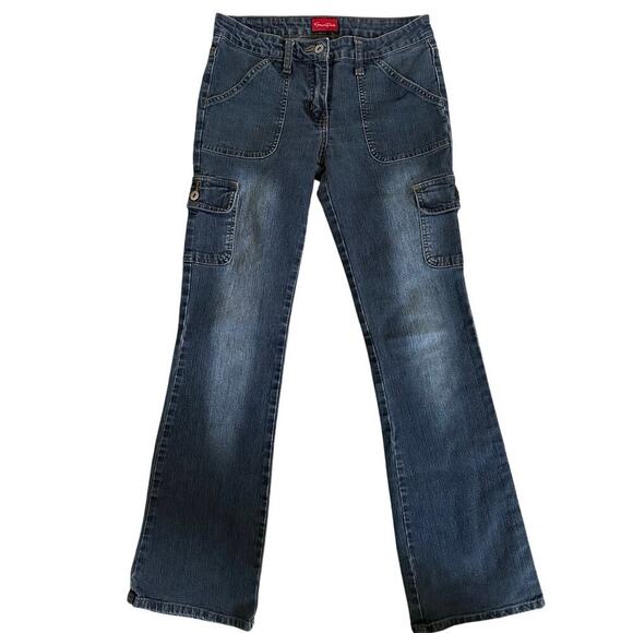 Southpole Denim - Southpole Womens Flare Jeans Cargo Pockets Denim Stretch Dark Wash Blue Size 7